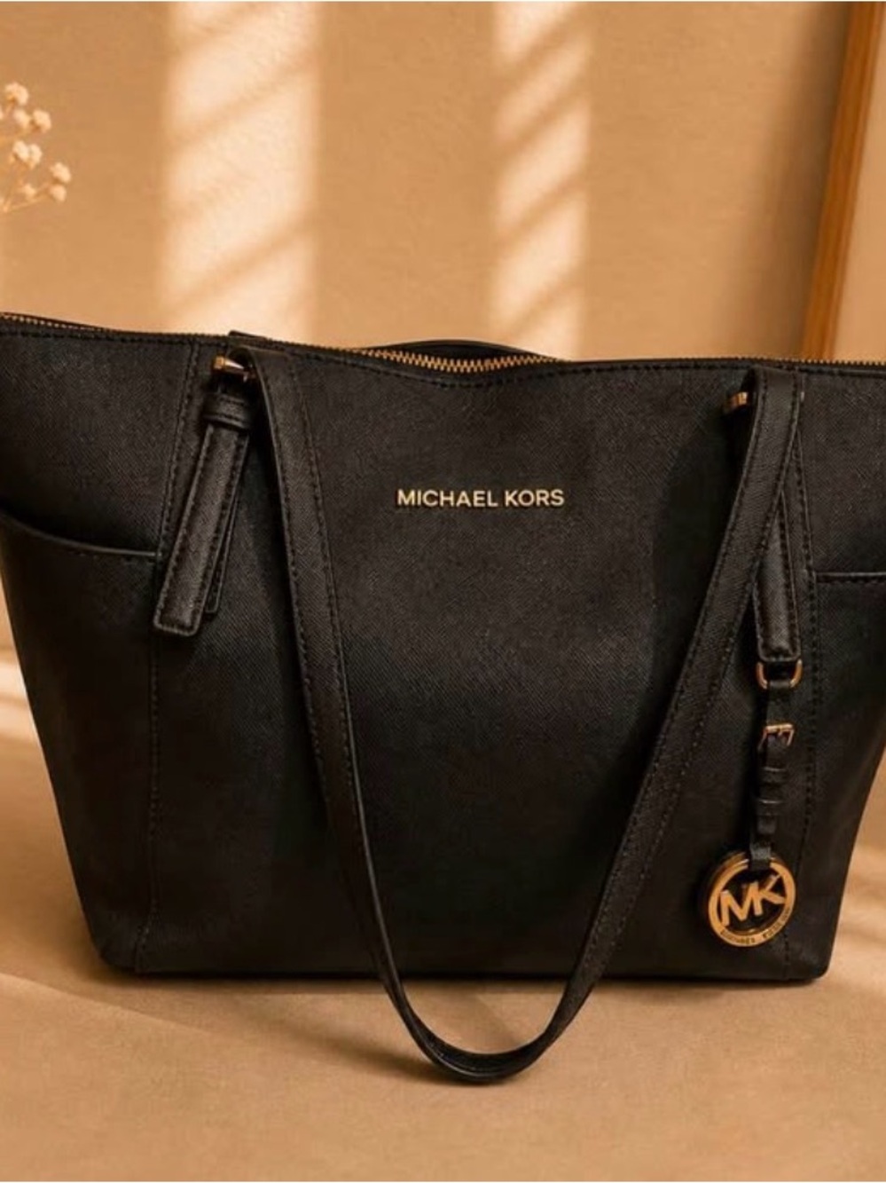 Michael Kors Black Leather Logo Tote with Gold Accent